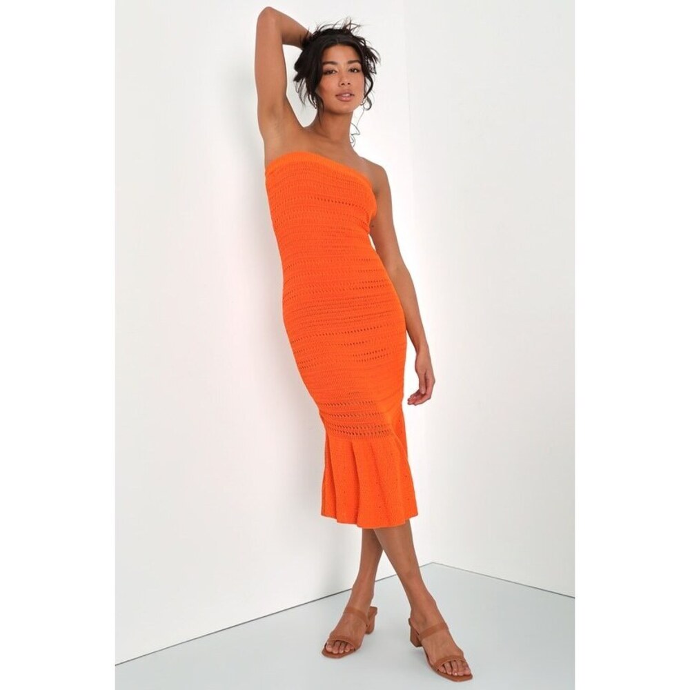 Lulus Palm Springs Sweetie Orange Knit Strapless Midi Dress - Size L